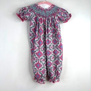 Stellybelly Smocked Romper 12M Long Bubble Pink Whimsical Photoshoot Birthday